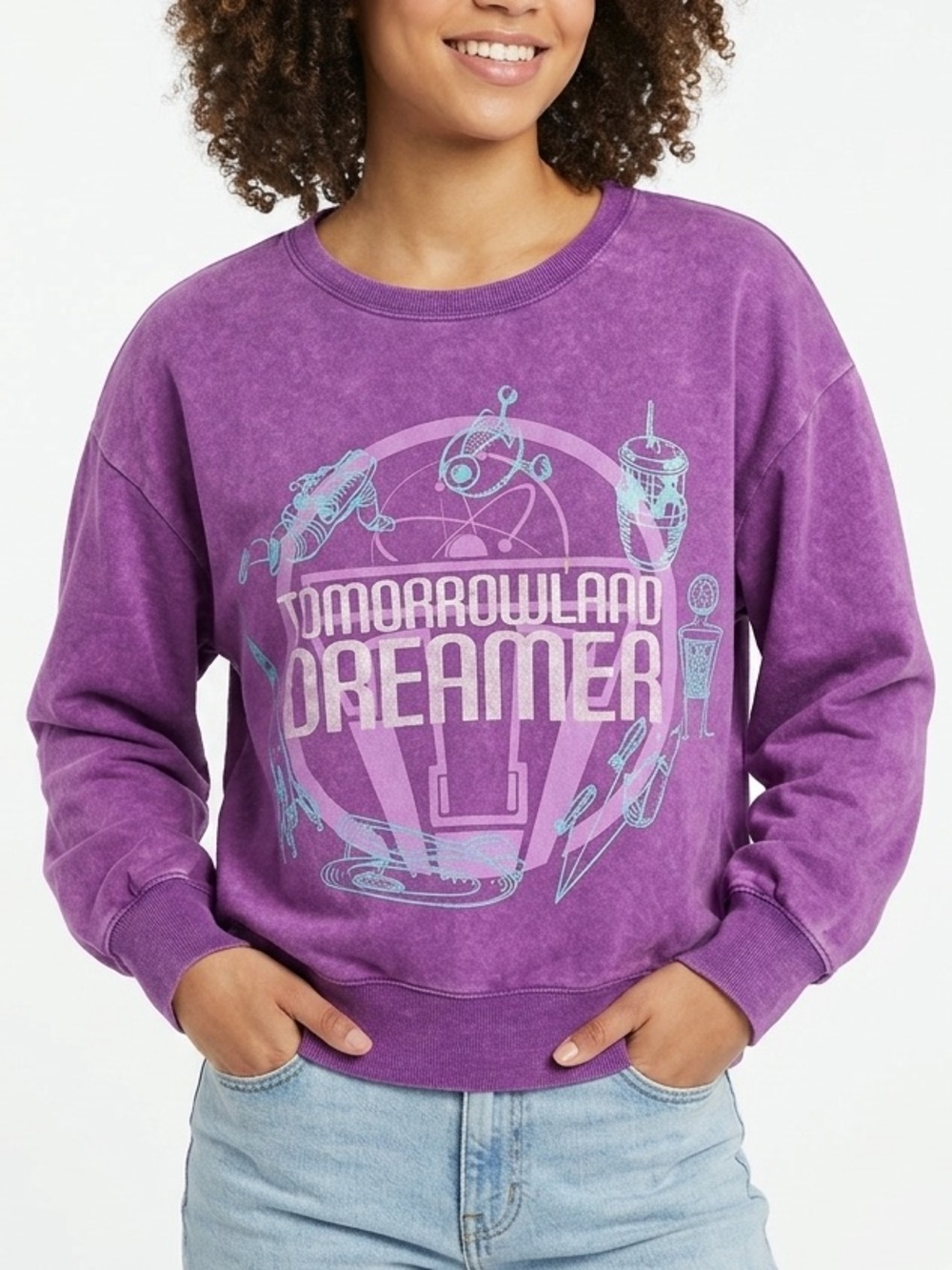 NWT Disney Parks Tomorrowland Dreamer Acid Wash Sweatshirt Purple Sz L